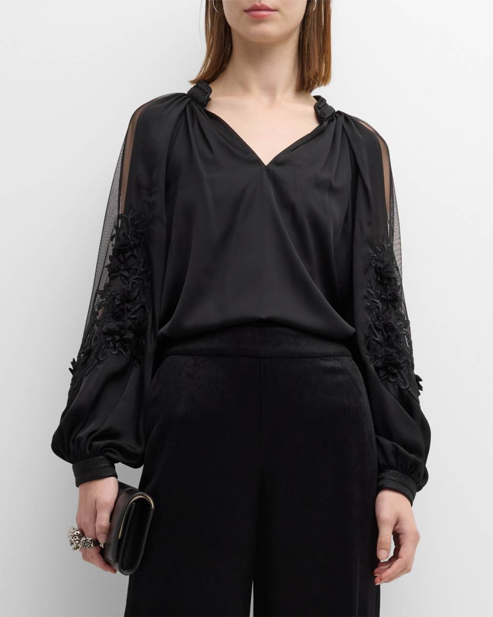 Joyce Embroidered Blouson-Sleeve Silk Blouse